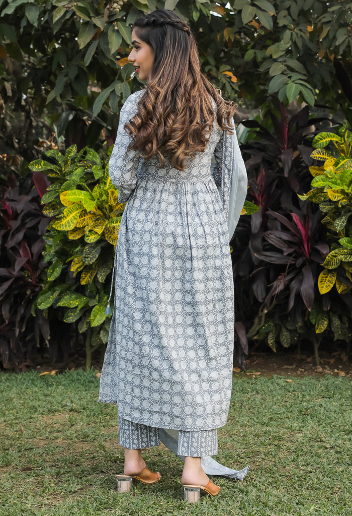 Pure Cotton Jaipuri Printed And Embroidered Kurta Set With Dupatta