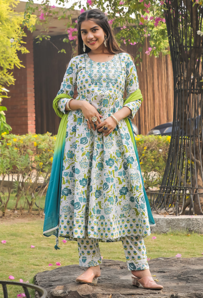 Pure Cotton Jaipuri Printed & Embroidered Kurta Set With Dupatta