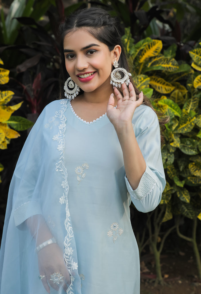 Sky Blue Poly Silk Embroidered Kurta Set With Dupatta