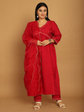 Rani Pink Poly Silk  Embroidered Plus Size Kurta & Pant With Dupatta