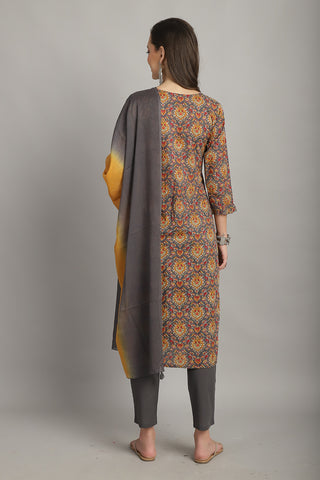 Grey & Yellow Pure Cotton Embroidered Straight Kurta & Pant With Dupatta