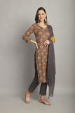 Grey & Yellow Pure Cotton Embroidered Straight Kurta & Pant With Dupatta