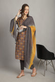 Grey & Yellow Pure Cotton Embroidered Straight Kurta & Pant With Dupatta