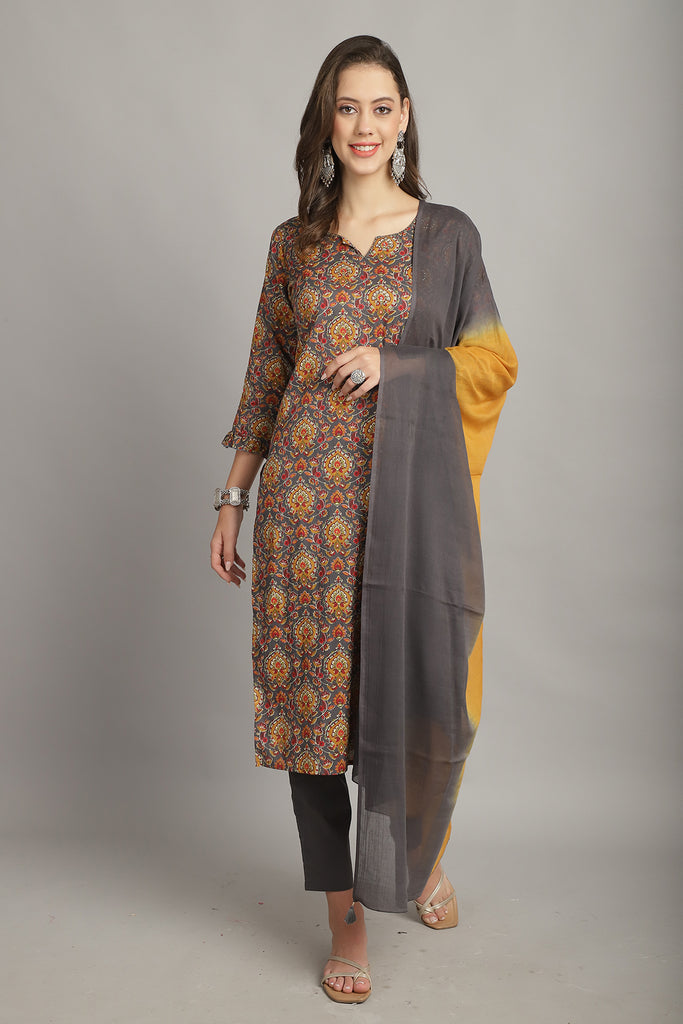 Grey & Yellow Pure Cotton Embroidered Straight Kurta & Pant With Dupatta