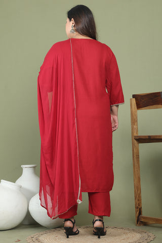 Maroon Rayon Slub Solid Plus Size Kurta & Pant With Dupatta