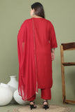 Maroon Rayon Slub Solid Kurta & Pant With Dupatta