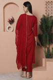 Maroon  Rayon Slub Embroidered Straight Kurta & Pant With Dupatta