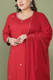 Maroon Rayon Slub Solid Kurta & Pant With Dupatta