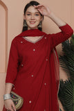 Maroon  Rayon Slub Embroidered Straight Kurta & Pant With Dupatta