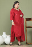 Maroon Rayon Slub Solid Plus Size Kurta & Pant With Dupatta