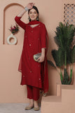 Maroon  Rayon Slub Embroidered Straight Kurta & Pant With Dupatta