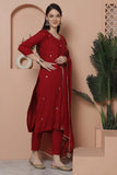 Maroon  Rayon Slub Embroidered Straight Kurta & Pant With Dupatta