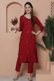 Maroon  Rayon Slub Embroidered Straight Kurta & Pant With Dupatta