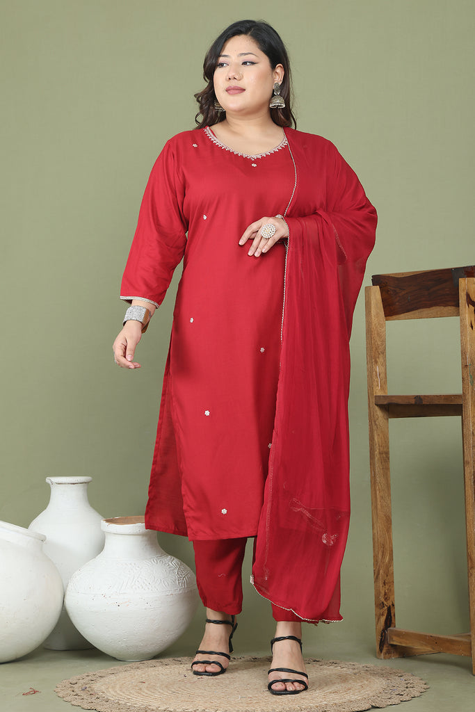 Maroon Rayon Slub Solid Kurta & Pant With Dupatta