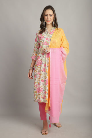 Multicolor Pure Cotton Embroidered Straight Kurta & Pant With Dupatta