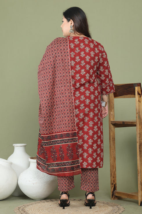 Maroon Pure Cotton Jaipuri Printed Plus Size Kurta & Pant With Dupatta