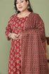 Maroon Pure Cotton Jaipuri Printed Plus Size Kurta & Pant With Dupatta