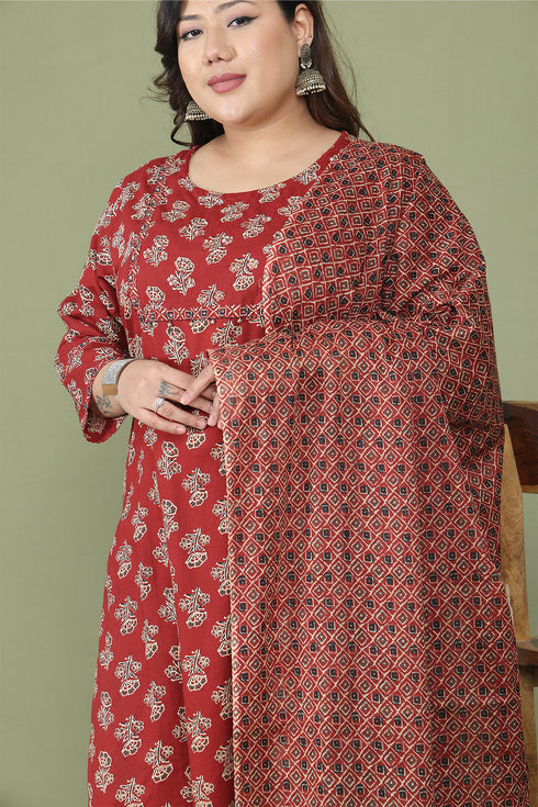 Women Maroon Pure Cotton Jaipuri Printed Kurta & Pant With Dupatta