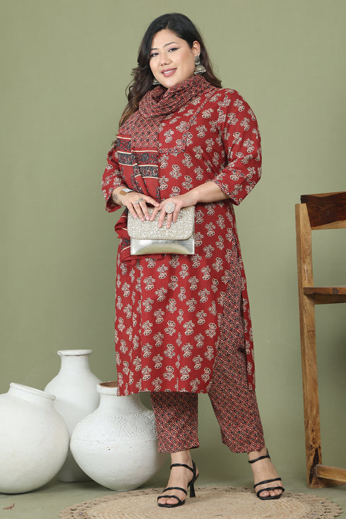 Maroon Pure Cotton Jaipuri Printed Plus Size Kurta & Pant With Dupatta