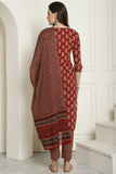 Maroon Pure Cotton Embroidered Straight Kurta & Pant With Dupatta