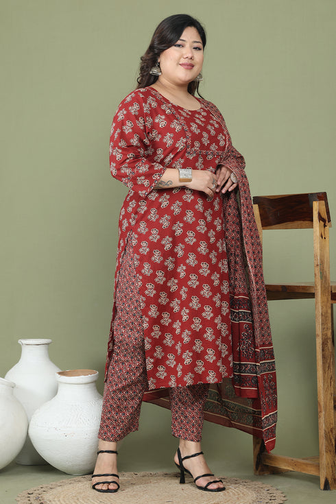 Maroon Pure Cotton Jaipuri Printed Plus Size Kurta & Pant With Dupatta