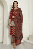 Maroon Pure Cotton Embroidered Straight Kurta & Pant With Dupatta