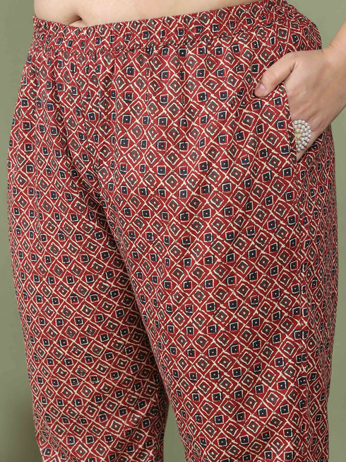 Maroon Pure Cotton Jaipuri Printed Plus Size Kurta & Pant With Dupatta