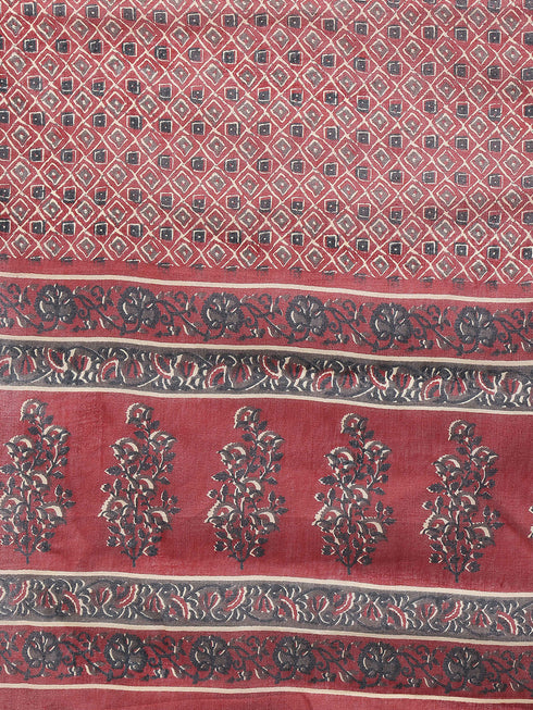 Maroon Pure Cotton Jaipuri Printed Plus Size Kurta & Pant With Dupatta