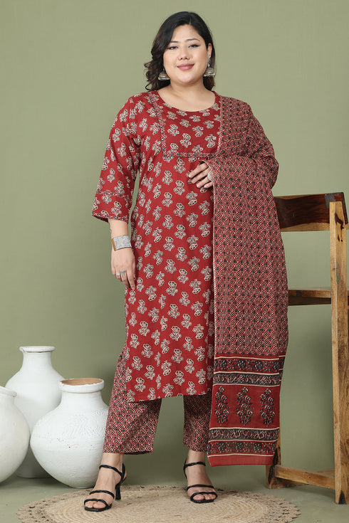 Maroon Pure Cotton Jaipuri Printed Plus Size Kurta & Pant With Dupatta