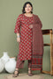 Maroon Pure Cotton Jaipuri Printed Plus Size Kurta & Pant With Dupatta
