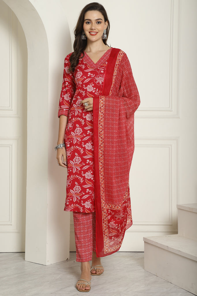 Pink & White Pure Cambric Cotton Embroidered Straight Kurta & Pant With Dupatta