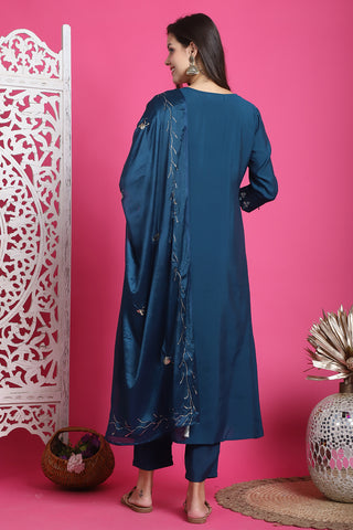 Teal Blue Poly Silk Embroidered Anarkali Kurta & Pant With Dupatta