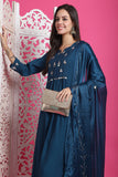 Teal Blue Poly Silk Embroidered Anarkali Kurta & Pant With Dupatta