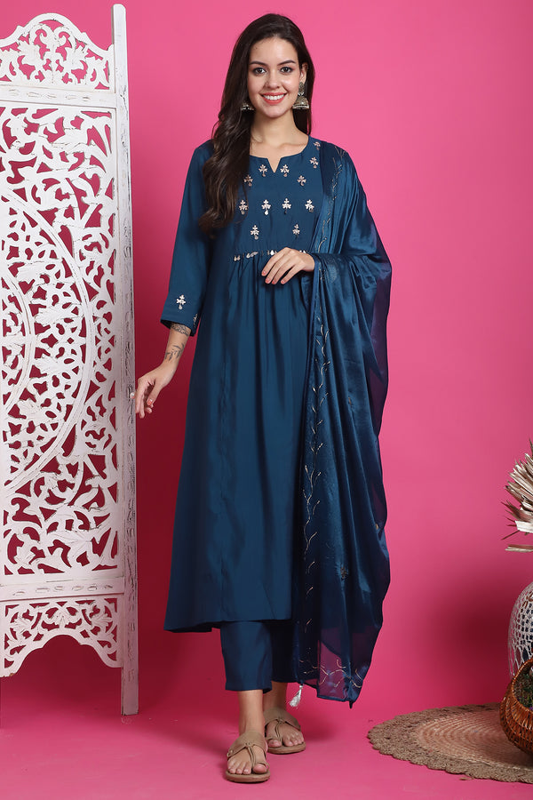 Teal Blue Poly Silk Embroidered Anarkali Kurta & Pant With Dupatta
