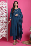 Teal Blue Poly Silk Embroidered Anarkali Kurta & Pant With Dupatta