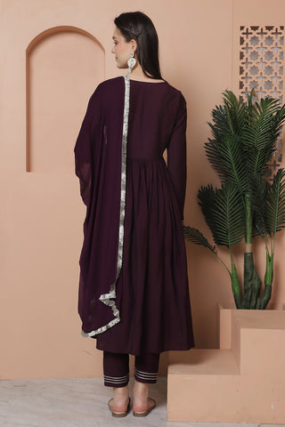 Wine Poly Silk Embroidered Anarkali Kurta & Pant With Dupatta