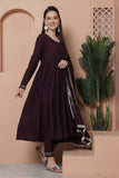 Wine Poly Silk Embroidered Anarkali Kurta & Pant With Dupatta