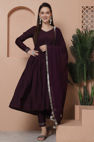 Wine Poly Silk Embroidered Anarkali Kurta & Pant With Dupatta