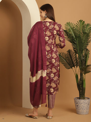 Wine & Beige Pure Cotton Embroidered Straight Kurta & Pant With Dupatta