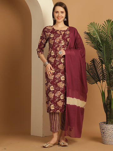 Wine & Beige Pure Cotton Embroidered Straight Kurta & Pant With Dupatta