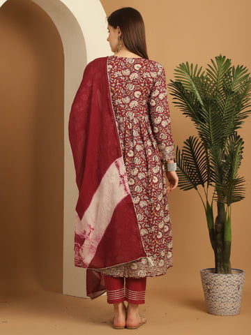 Maroon Pure Cotton Embroidered Anarkali Kurta & Pant With Dupatta