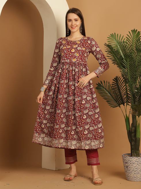 Maroon Pure Cotton Embroidered Anarkali Kurta & Pant With Dupatta