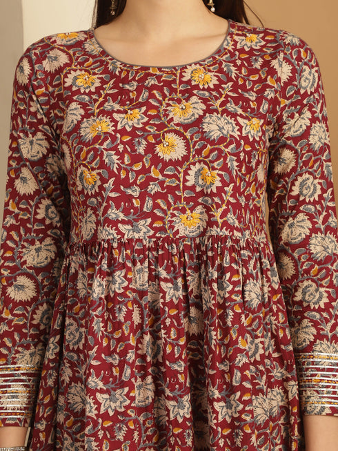 Maroon Pure Cotton Embroidered Anarkali Kurta & Pant With Dupatta