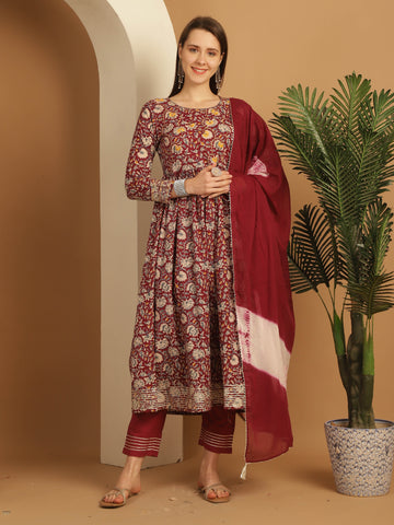 Maroon Pure Cotton Embroidered Anarkali Kurta & Pant With Dupatta