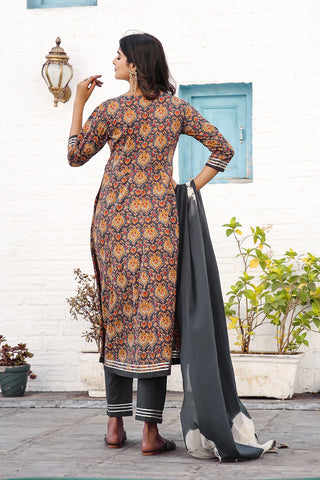 Grey & Mustard Pure Cotton Embroidered Anarkali Kurta & Pant With Dupatta