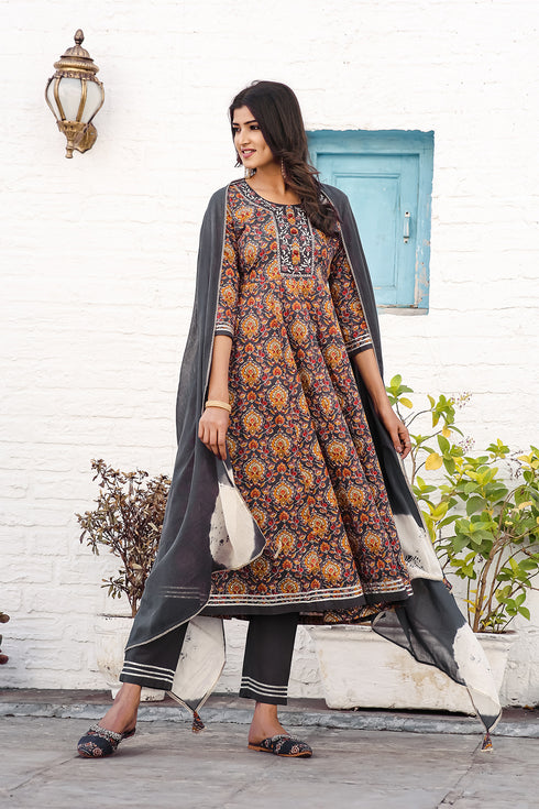 Grey & Mustard Pure Cotton Embroidered Anarkali Kurta & Pant With Dupatta