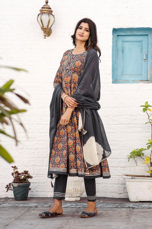 Grey & Mustard Pure Cotton Embroidered Anarkali Kurta & Pant With Dupatta