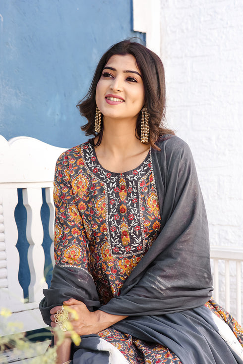 Grey & Mustard Pure Cotton Embroidered Anarkali Kurta & Pant With Dupatta