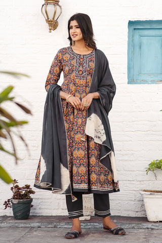 Grey & Mustard Pure Cotton Embroidered Anarkali Kurta & Pant With Dupatta