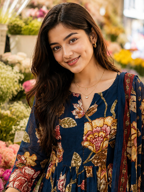 Blue Cotton Floral Printed Kurta & Pant With Dupatta
